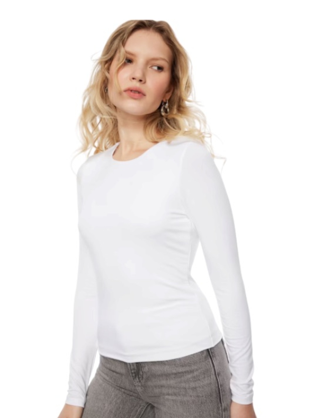 White Ribbed Long Sleeves Top